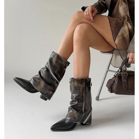 ElegaStep Women's Slouchy Fold Over Brown Boots Mid Calf Cowboy Boots Size 9 New - Picture 4 of 11